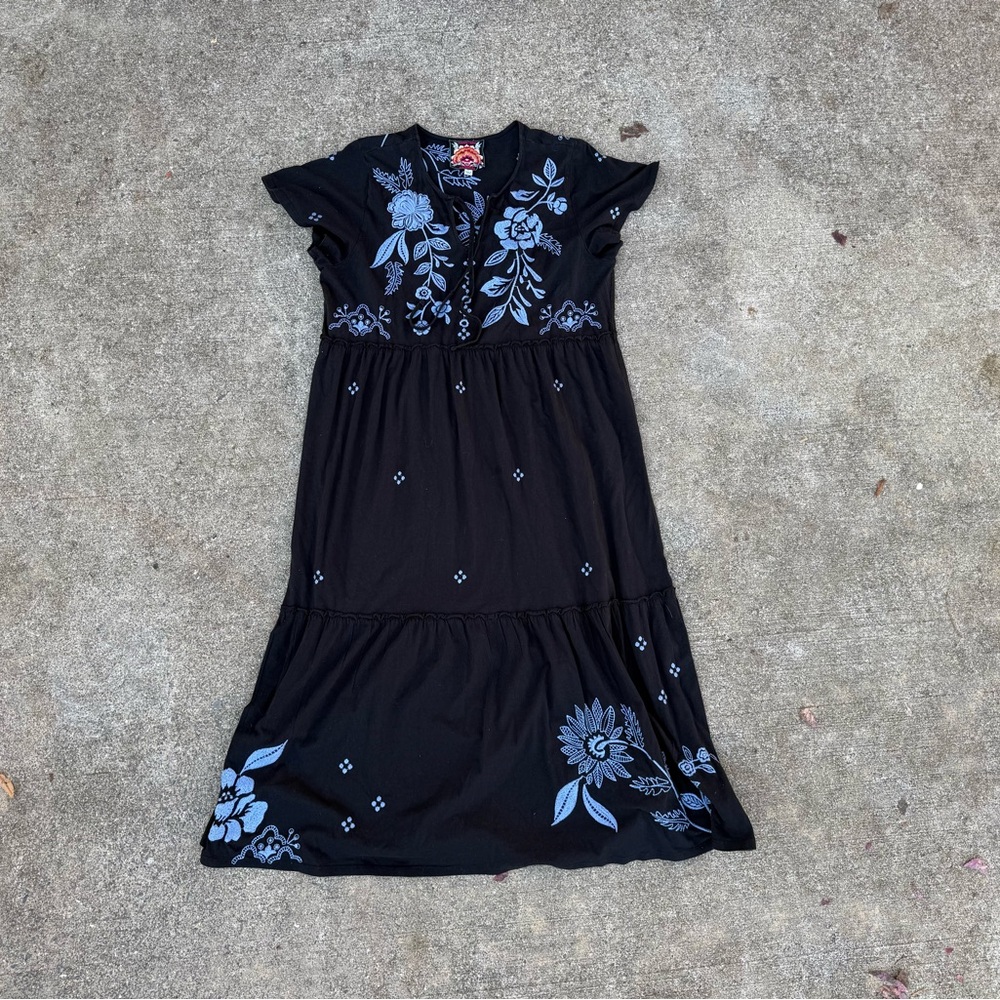 Johnny Was Black Dress with Blue Floral Embroidery